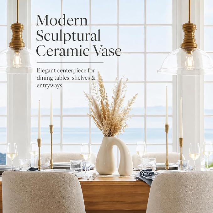 Cream White Ceramic Vase for Pampas, Boho Shelf & Table Decor | Holds Dried Stems and Faux Florals - Sculptural Accent for Mantel, Console and Entryway