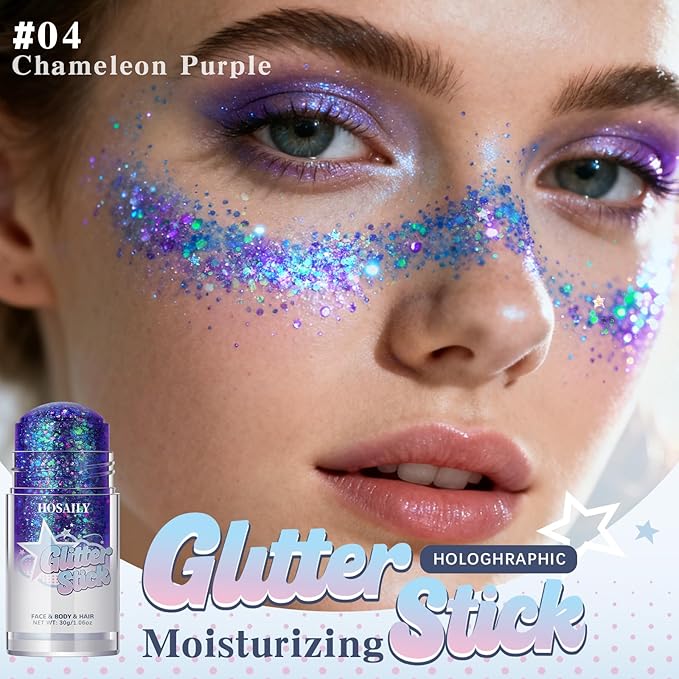 Chameleon Purple Body Glitter Stick, Holographic Fairy Costume Makeup Face Hair Glitter Stick Rave Outfits for Women, Shimmer Face Paint Singer Concert Festival Party Accessories, 1.06 OZ