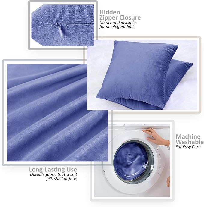 Throw Pillow Inserts Pack of 2 with Velvet Soft Solid Decorative Square Throw Pillow Covers Set for Sofa Couch Car Bedroom, 18X18 Throw Pillows Inserts with 16x16 Washable Cushion Covers, Calm Blue