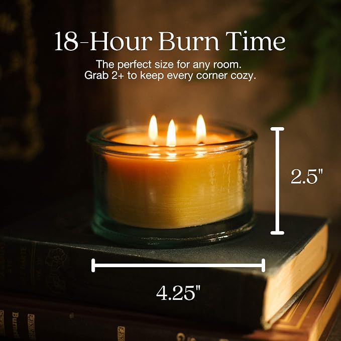 Bluecorn Beeswax 3-Wick Candle – Raw Unscented, 100% Pure Beeswax – 10oz Hand-Blown Recycled Spanish Glass – Non Toxic, Clean Burning, Refillable Glass Jar