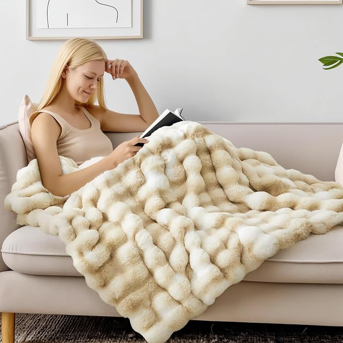 BEDELITE Faux Fur Throw Bubble Blanket for Couch, 60" x 80", Tie-Dye Khaki | 870GSM Soft Cozy Plush Blanket for Sofa & Bed Living Room Decor, Warm Fuzzy Faux Rabbit Fur for Women Gift, All Season Use