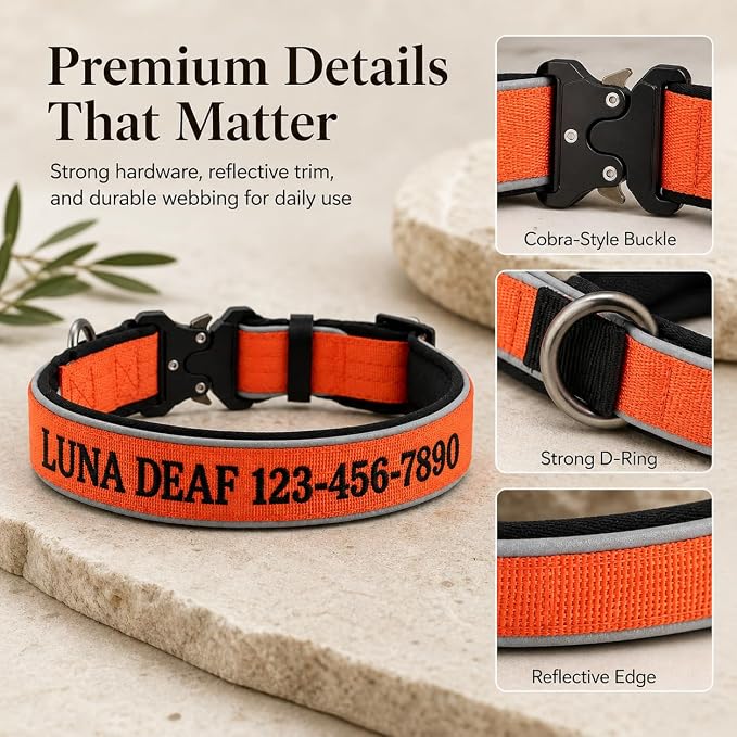 Custom Embroidered Dog Collar with Name and Phone Number, Personalized Safety Alert Collar for Deaf, Microchipped, Senior & Rescue Dogs, Reflective Nylon Collar with Metal Buckle