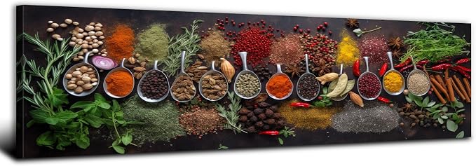 Large Colorful Kitchen Wall Art Spices Herb Food Picture for Dining Room Wall Decor Vintage Seasoning Herb Spoon Canvas Prints Poster Modern Family Bar Painting Artwork Home Decorations 14x48”