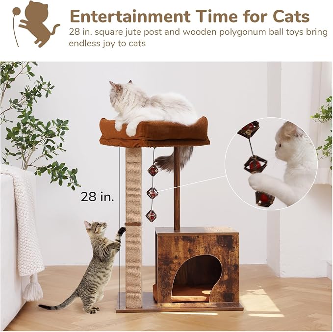 FUKUMARU Retro-Modern Cat Tree, Small Wooden Cat Tower with Post and Condo | 32.6" Aesthetic Cat Tree Tower for Indoor Adult Cats, Solid Scratcher with Natural Sisal Scratching Post and Silvervine Balls
