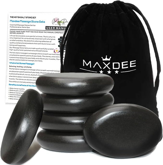 Maxdee Massage Stones Essential Hot Stones for Massage, 6 Large Hot Stones Massage Kit Hot Rocks Massage Stones for Professional or Home Spa, Foot Heater, Relaxing, Healing, Pain Relief, 2.4"*3.14"