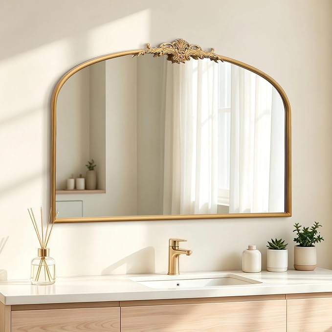 Besdomus Vintage Arched Gold Mirror: 40"x29" Large Arch Antique Decorative | French Baroque Metal Framed Mirrors - Traditional Ornate for Entryway/Bedroom/Fireplace/Bathroom - Ideal for Home Renovations