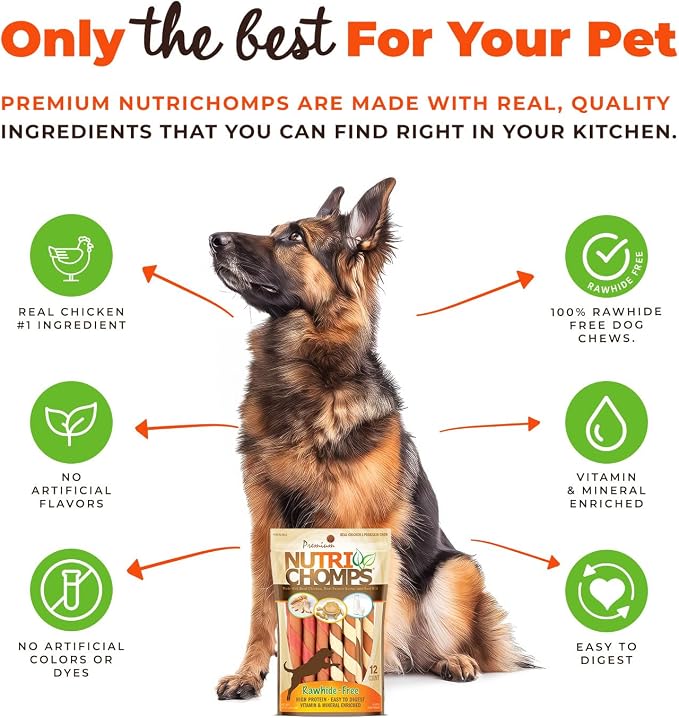 NutriChomps Rawhide Free Dog Chews, Chicken/PB/Milk, 5in Twists, 12ct | Long-lasting chew. High protein, low fat, healthy & delicious treat for dogs.