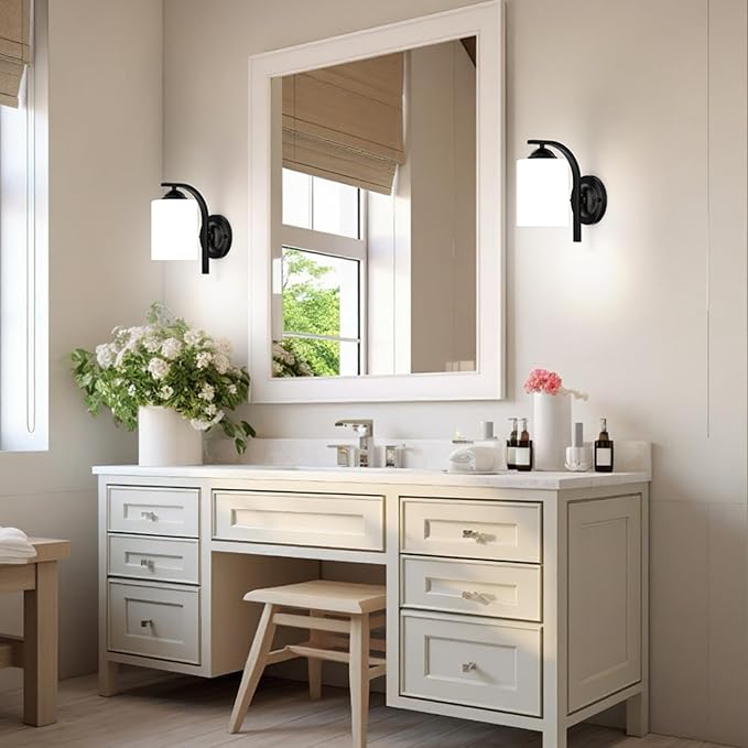 2-Pack Wall Sconces for Bedroom and Bathroom, Matte Black Farmhouse Wall Light Fixtures with Glass Shade, Modern Vanity Wall Lamps for Living Room, Hallway, Kitchen