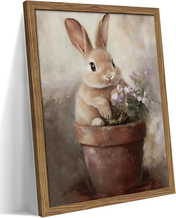 Framed Vintage Easter Wall Art, Cute Rabbit in Flower Pot Picture Prints, Cottage Farmhouse Bunny Canvas Artwork, Holiday Wall Decor for Kids Room Girls Bedroom Living Room 12x16 inch