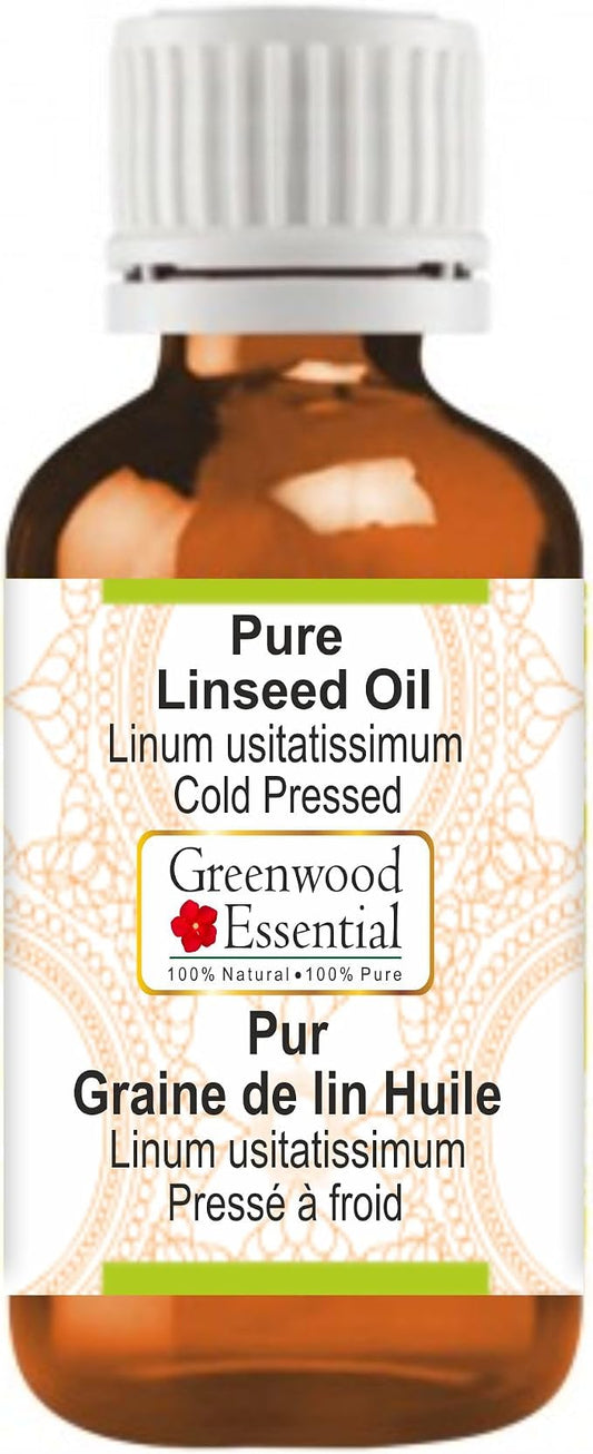 Greenwood Essential Linseed Oil (Linum usitatissimum) | Cold Pressed | Natural | Undiluted | For Diluting Essential Oils | For Skin & Massage | Men & Women | 100ml (3.38 oz)