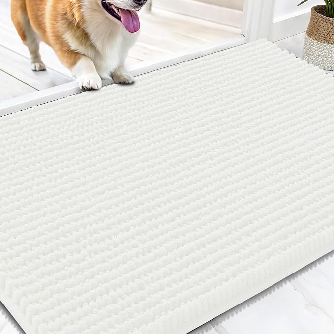 OLANLY Dog Door Mat for Muddy Paws 30x20, Extra Absorbent Chenille Mud Mat | Ivory, Absorbs Moisture and Dirt, Non-Slip Machine Washable Doormat, Quick-Drying Indoor Entryway Floor Mat for Dogs