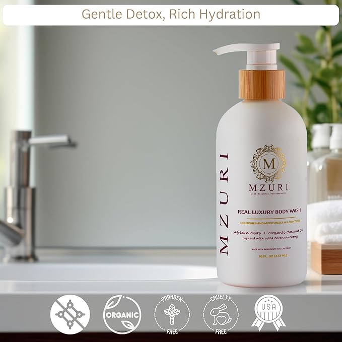 MZURI Body Wash, African Black Soap, Organic Coconut Oil, & Wild Coronado Cherry, Moisturizing, Hydrating, & Gentle Formula for Dry, Sensitive Skin, Shea Butter Luxury Body Wash - 16 Fl. Oz