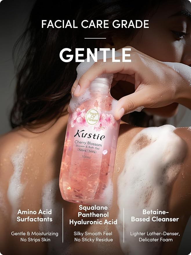 Kustie Brighten Cherry Blossom Body Wash - Perfume Shower Gel with Squalane & Hyaluronic to Antioxidant, Balance, Hydrate Skin丨Nature Sakura & Niacinamide Add丨Paraben, Phthalate Free丨16.9 Fl Oz