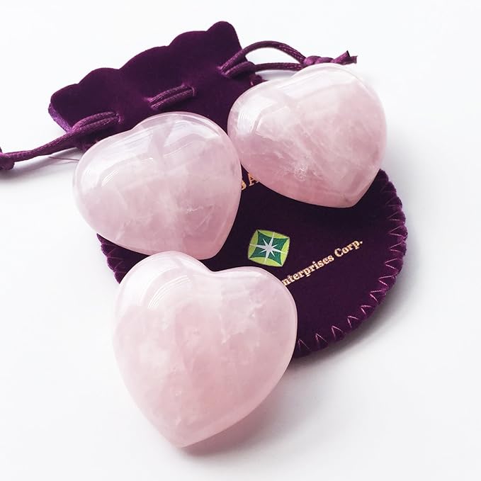 Polar Jade Set of 3 Hand-Carved Natural Rose Quartz Puffy Hearts – Healing Stones for Chakra Energy, Meditation, Massage, and Elegant Decoration