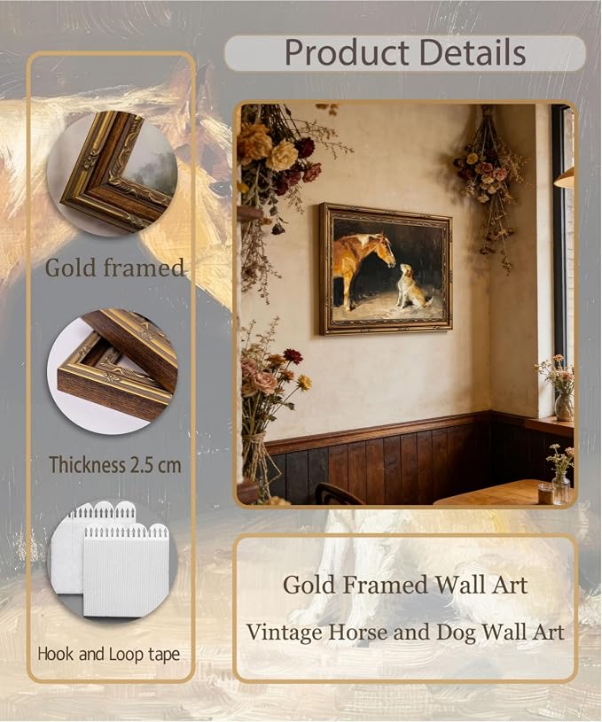 Gold Framed Wall Art Vintage Horse and Dog Wall Art Country Farmhouse Animals Wall Decor Picture Rustic Antique Gallery Aesthetic Poster Print for Bedroom Living Room 12x16in