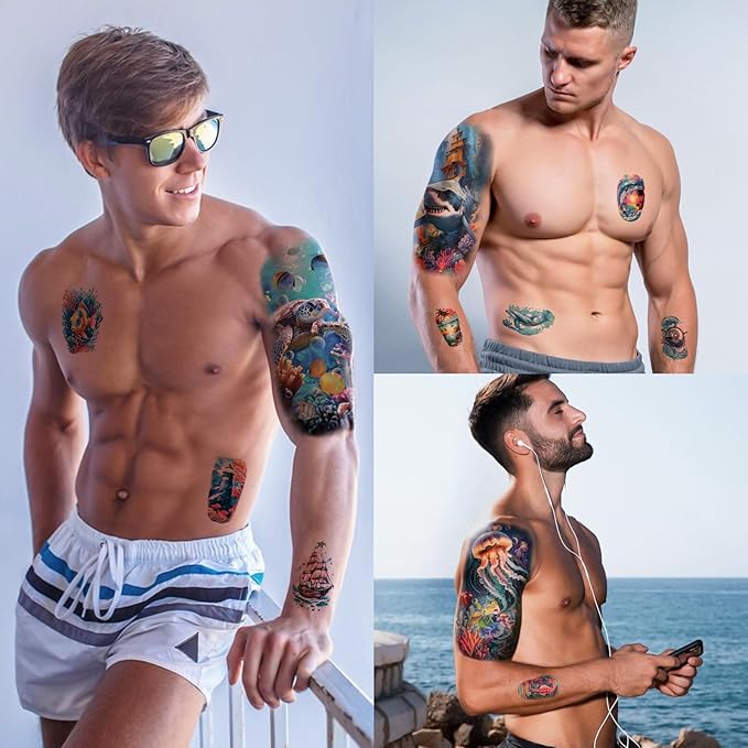 77 Sheets Temporary Tattoo for Women and Men, 17 Sheets Half Arm Shark Dolphin Jellyfish Turtle Fish Fake Tattoos, 60 Sheets Beach Ocean Tiny for Adults Kids Body Tattoos Stickers Waterproof Realistic