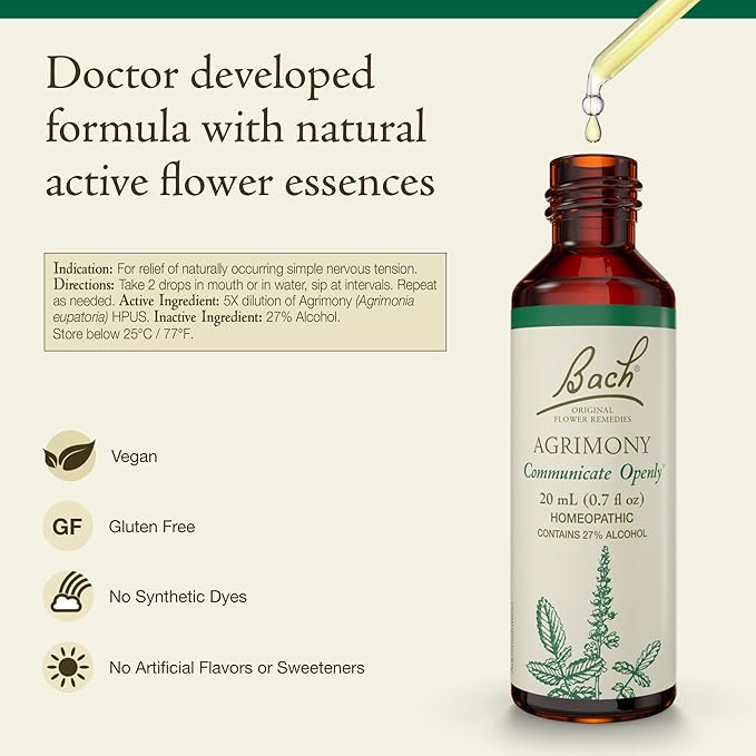 Bach Original Flower Remedies, Agrimony - Communicate Openly - Natural Homeopathic Flower Essence for Emotional Balance - Vegan, Gluten Free, Sugar Free - 20mL Dropper
