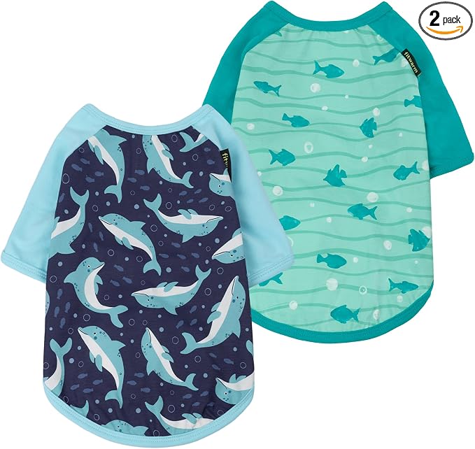 Fitwarm 2 Pack Dolphin & Fish Dog Shirt, Hawaiian Summer Clothes for Small Dogs Boy Girl, Lightweight Pet Outfit, Tea Blue, Green, Large