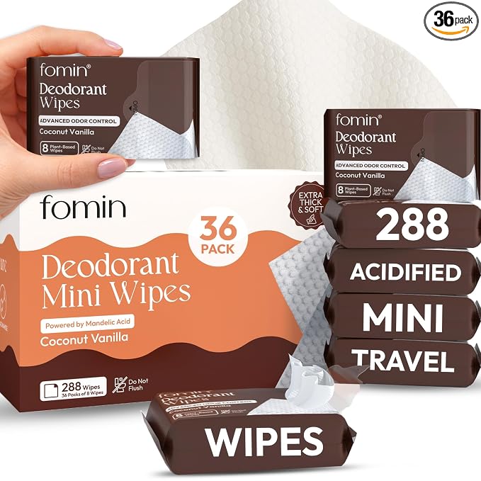 FOMIN Acidified Travel Deodorant Mini Wipes For Women & Men- Coconut Vanilla - 288 Count - pH Balanced, Biodegradeable Mini Deodorant Travel Size Wipes - Plastic-Free, Underarm Body Wipes