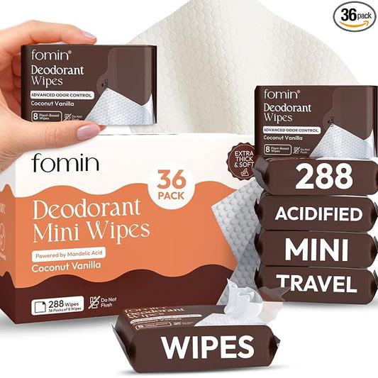 FOMIN Acidified Travel Deodorant Mini Wipes For Women & Men- Coconut Vanilla - 288 Count - pH Balanced, Biodegradeable Mini Deodorant Travel Size Wipes - Plastic-Free, Underarm Body Wipes