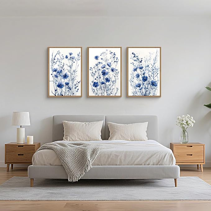 FWIEXA Blue White Wildflower Canvas Wall Art Set of 3, Framed Navy Chinoiserie Watercolor Botanical Pictures Wall Decor, Minimalist Floral Paintings Artwork, 24x36In Florals Prints for Living Room, Bedroom, Bathroom