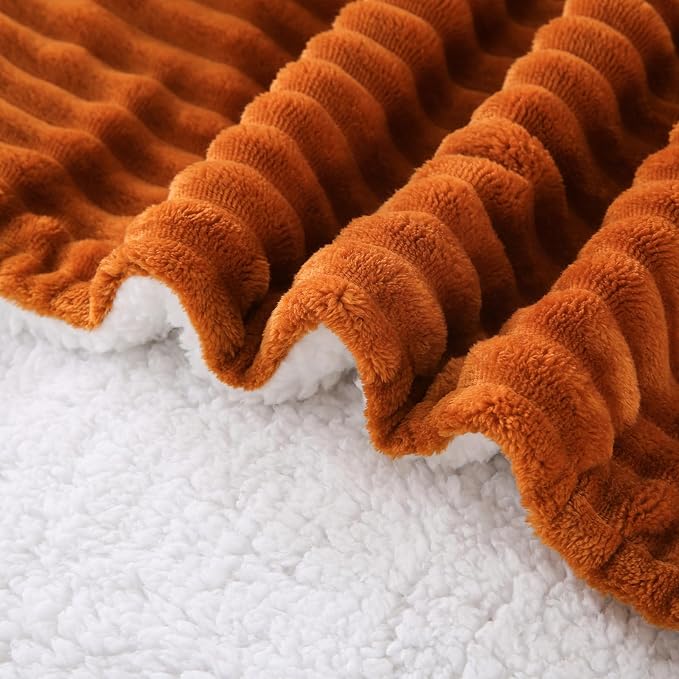 Burnt Orange Sherpa Fleece Throw Blanket 90”×90”for Couch Sofa Bed | Double Side Soft Fuzzy Cozy Plush Thick Flannel Blanket with Striped Design Gift for Adults,Woman