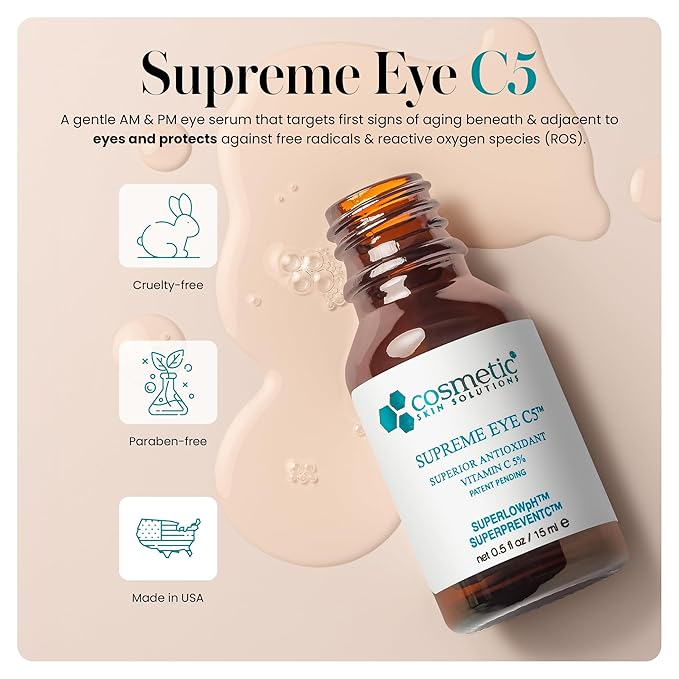 Supreme C5 Vitamin C Eye Gel – Hydrating Undereye Cream with 5% Vitamin C, Hyaluronic Acid & Asiatic Acid – Helps Control Under Eye Circles, Puffiness, Bags & Fine Lines – 0.5 fl oz