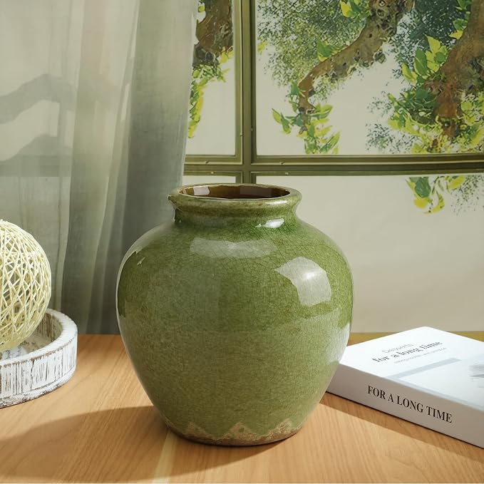 Ceramic Flower Vase Home Decor, 6.2 inch Farmhouse Rustic Vintage Decorative Vases, Pottery Terracotta Boho Flowers Vases for Dining Table, Living Room, Shelf, Kitchen, Bedroom (6.2"-Green)