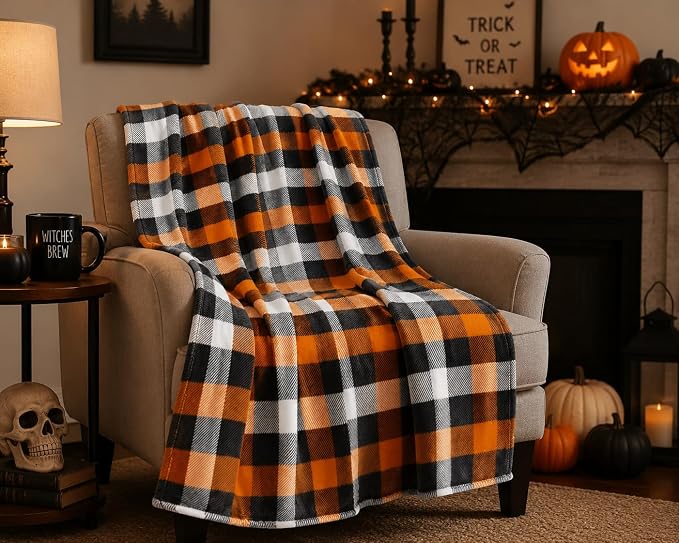 Fall Soft Fleece Throw Blanket, Orange Black White Plaid, 50x70 Oversized | Warm Cozy Fabric , Farmhouse Harvest Colors, For Living Room Sofa Couch Bed Chair Dorm Outdoors, Seasonal Gift or Home Décor