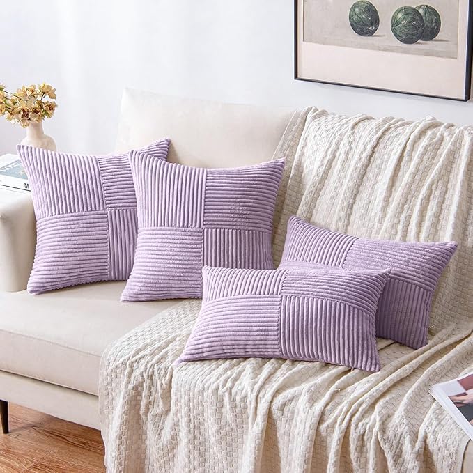 MIULEE Purple Decorative Throw Pillow Covers for Couch 18x18 Inch Lavender | 2 Pack, Boho Farmhouse Pillow Covers, Soft Cross Corduroy Patchwork Textured Cushion Cases For Bed Sofa