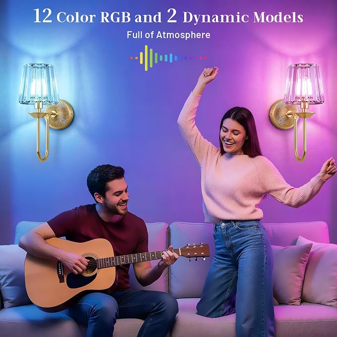 Gold Battery Operated Wall Sconces Set of Two, Crystal Wireless Rechargeable Wall Lights with Remote, Dimmable 3 CCT and 12 RGB Cordless Wall Lamps for Bedroom Living Room Hallway Decor