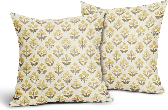 Brown Yellow Floral Pillow Covers 22x22 Inch Set of 2, Vintage Flower Block Print Pattern Decorative Throw Pillowcases Outdoor Farmhouse Cushion Covers Spring Summer Rustic Sofa Couch Bed Decor