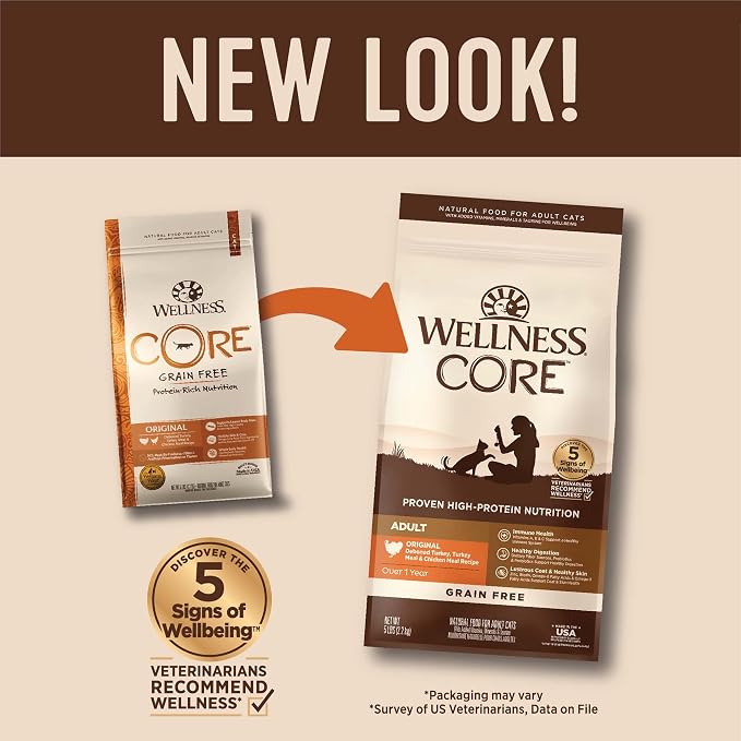Wellness CORE Adult Dry Cat Food, Natural, Grain Free Kibble, Turkey and Chicken Recipe, 5 lb Bag