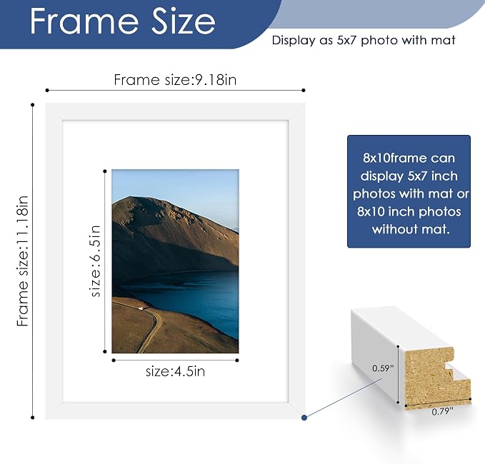 8x10 Picture Frame Set of 6, Wall or Tabletop Display, White | Display Pictures 5x7 with Mat or 8x10 Without Mat, Horizontal or Vertical, Gallery Wall Frame Set, Wedding Birthday Gifts