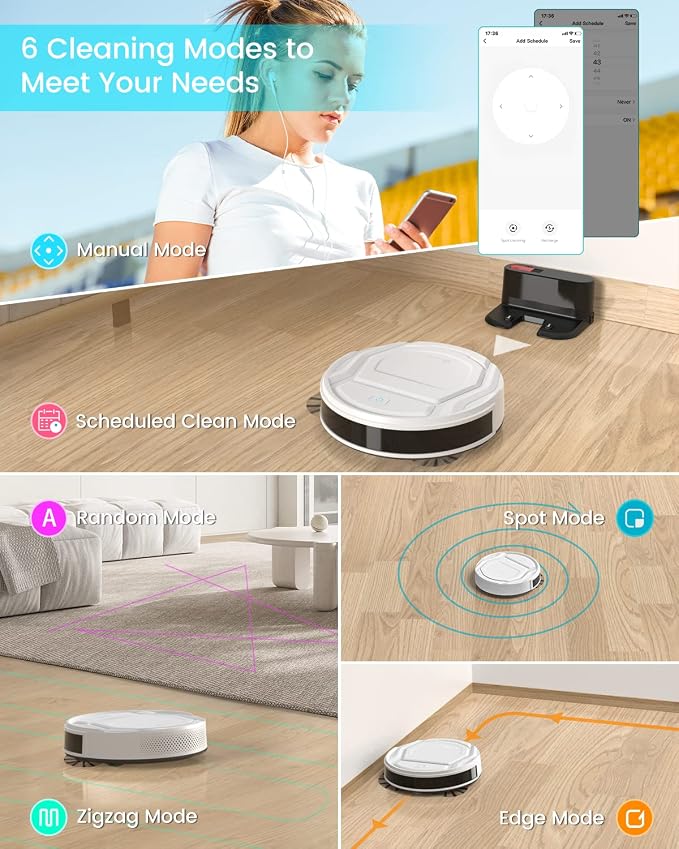Lefant M210 Pro Robot Vacuum with Powerful Suction, 6 Cleaning Modes, 120 Mins Runtime, Quiet, Self-Charging, Voice Control, Ideal for Pet Hair and Hard Floor, White