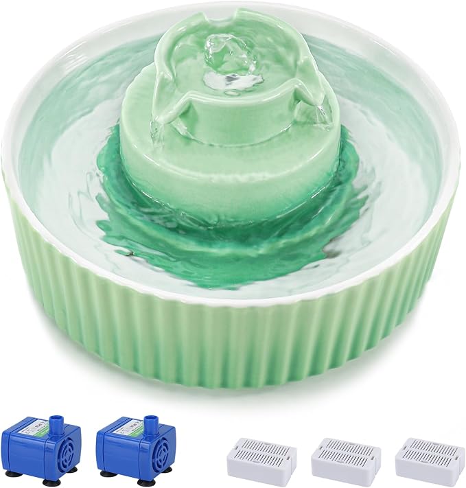 Lawfery Ceramic Cat Water Fountain, 2.1L/71oz Cupcake Pet Fountain | 3 Carbon Filters, 2 Quiet Pumps, Heavy Ceramic Body, and 360° Drinking Area, Drinking Bowl for Indoor Cats and Small Dogs