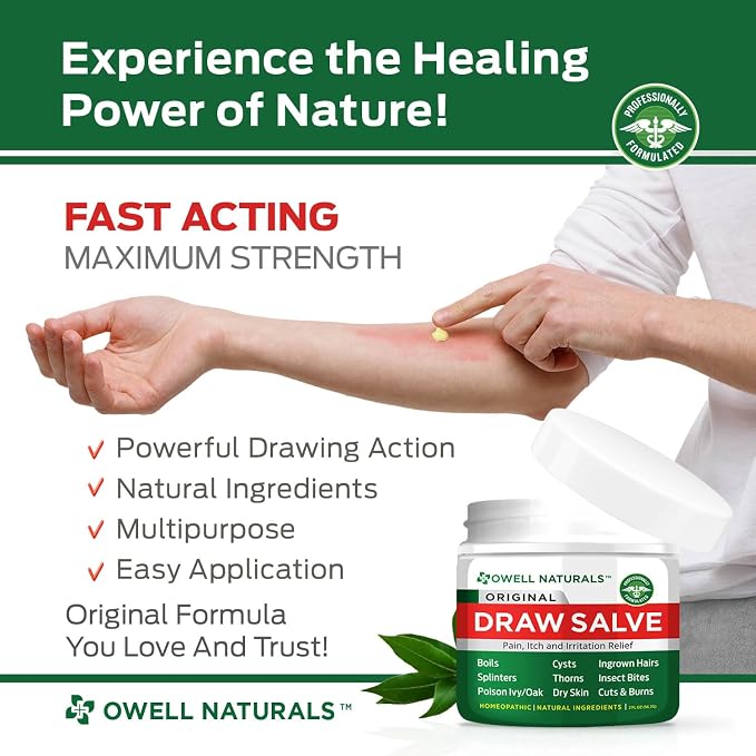 OWELL NATURALS Drawing Salve Ointment for Boils & Cyst Removal, Deep Ingrown Hair, Splinter Out, Bumps, Bug Spider Bites, Bee Sting, Mosquito Itching, Poison Ivy, 2 oz (3 Pack)