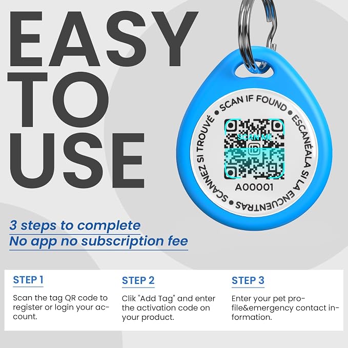 QR Code Dog Tags Personalized for Pets, Real-time Alerts, Blue