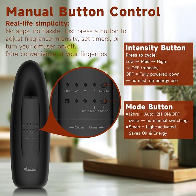 Plug in Waterless Diffuser, OliveTech Cold Air Scent Diffuser for Home & Office, Hotel Collection Aromatherapy Diffuser with 30mL Essential Oil Included, Adjustable Fragrance - Black