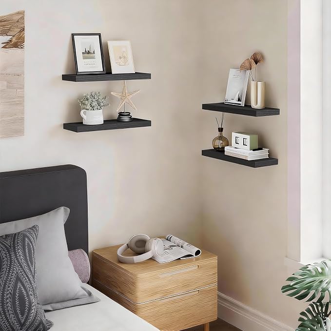 BAYKA Floating Shelves for Wall, Wall Mounted Rustic Wood Shelves for Bathroom, Bedroom, Living Room, Kitchen, Hanging Shelf for Books/Storage/Room Decor with 22lbs Capacity (Black, Set of 3, 15.7in) | Easy Install, 22lbs Max Load, Hidden Bracket, Wall...