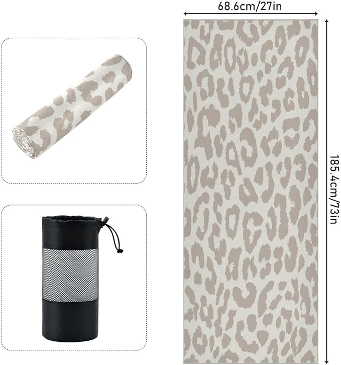 YETTASBIN Leopard Yoga Mat Towel, Non Slip Sweat Absorbent Hot Yoga Towel Portable Lightweight Travel Workout Towel with Storage Bag for Home Yoga, Pilates, Fitness 73x 27 Inch