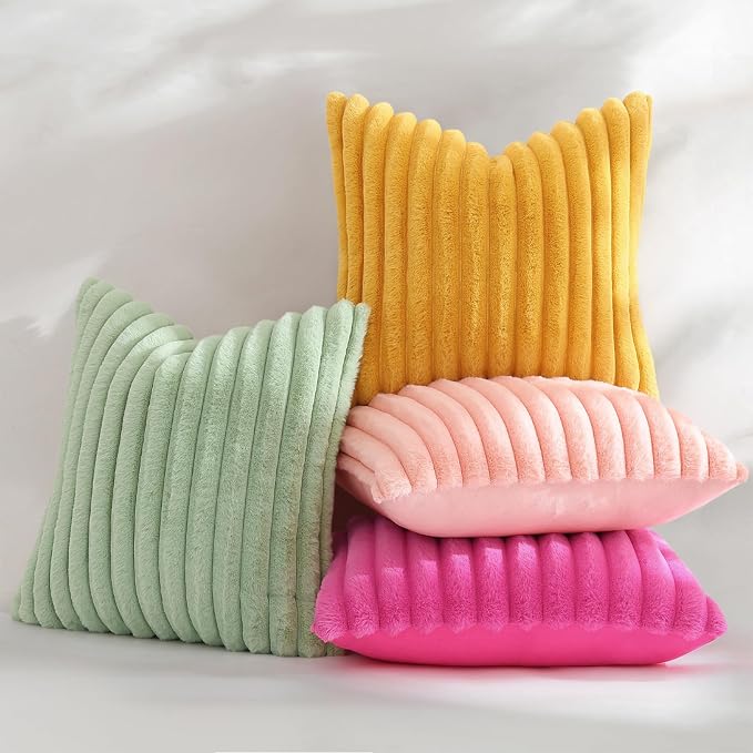 decorUhome Fall Faux Fur Throw Pillow Covers 24x24 Set of 2 Mustard Yellow | Decorative Soft Cozy Striped Plush Modern Farmhouse Boho Couch Pillow Cases Velvet Back for Sofa Bed Living Room Home Decor