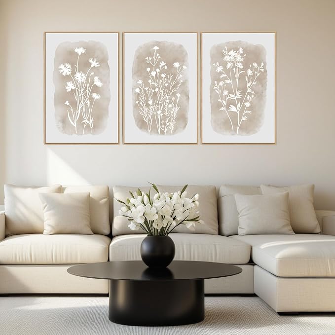 SAFERRYHOME Neutral Wildflower Beige Botanical Wall Art, 3 Panels,16x24 Inch