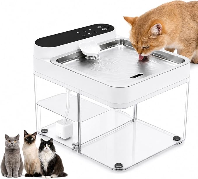 Cat Water Fountain No Filter, Wastewater Separation Cat Fountain Without Filters, Cordless &180-Days Runtime Pet Water Fountain