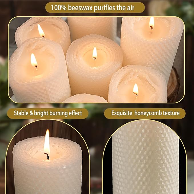 4 Pack Beeswax Pillar Candles, 2.8x6 Inch 180 Hours Hand-Rolled White Large Beeswax Candles, Handmade Pure Bees Wax Honeycomb Bees Wax Candle for Prayer, Unscented Candles