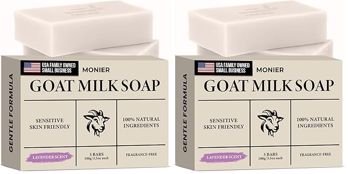 MONIER Goat Milk Soap Bar For Dry & Sensitive Skin - 100% Natural & Organic Skin Care - Enriched with Shea Butter - Use on Face, Body & Hands - For Men, Women, Kids & Baby (Lavender, 6 Pack)