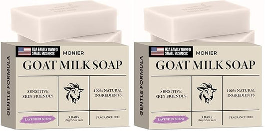 MONIER Goat Milk Soap Bar For Dry & Sensitive Skin - 100% Natural & Organic Skin Care - Enriched with Shea Butter - Use on Face, Body & Hands - For Men, Women, Kids & Baby (Lavender, 6 Pack)