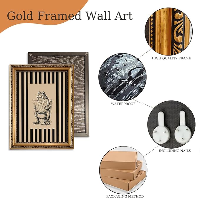 Funny Bathroom Wall Decor Art Vintage Whimsical Frog Gold Framed Wall Art | Black Beige Striped Picture Canvas Art Humour Animal Small Framed Prints Artwork For Vanity Restroom Toilet Powder Room