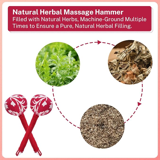 lefeke Manual Massage Hammer, Mugwort Massage Hammer, Handheld Body Percussion Tool for Back Neck Shoulder Leg Muscle Relief 26cm-Red