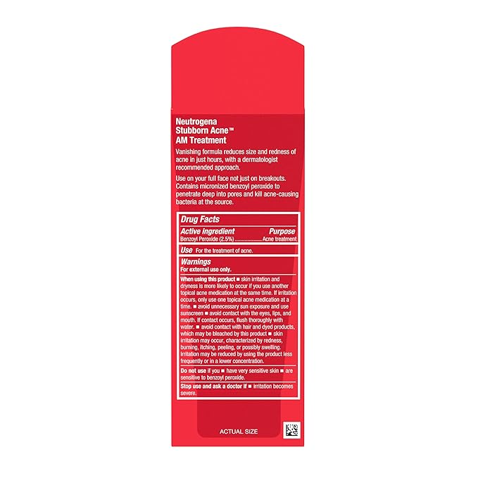 Neutrogena Stubborn Acne AM Face Treatment with 2.5% Micronized Benzoyl Peroxide Acne Medication, Oil-Free Daily Facial Treatment Reduces Size & Redness of Breakouts, Paraben-Free, 2.0 oz | 2.5%, Acne Medication, Oil-Free, Paraben-Free